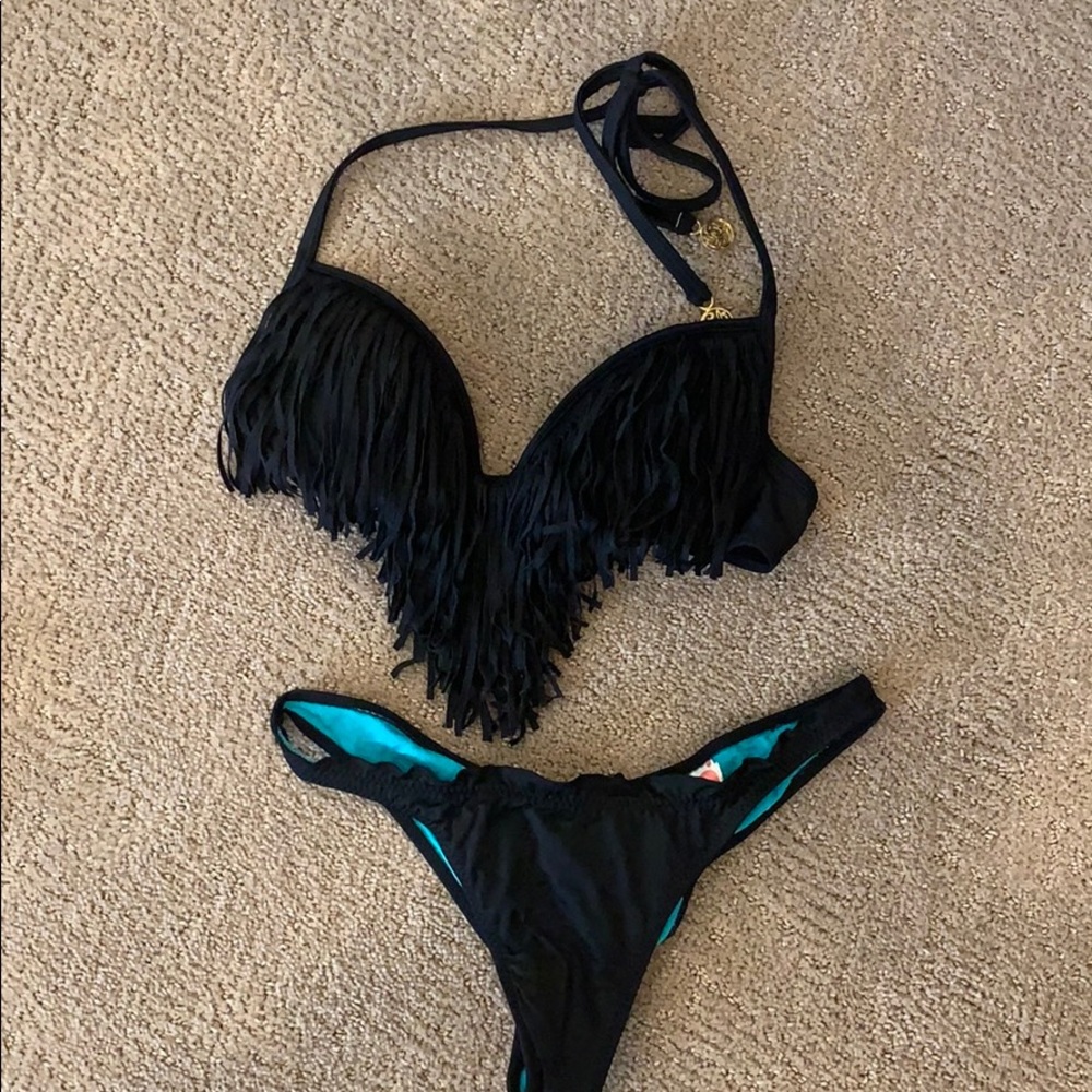 Two piece black swimsuit with Fringe